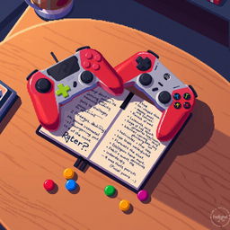 A playful pixel art scene featuring a vibrant game controller (player) resting atop a tabletop