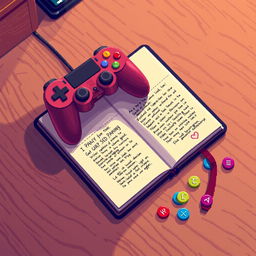 A playful pixel art scene featuring a vibrant game controller (player) resting atop a tabletop