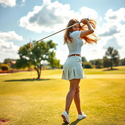 A stunning young woman with an athletic build is playing golf on a beautifully maintained green golf course