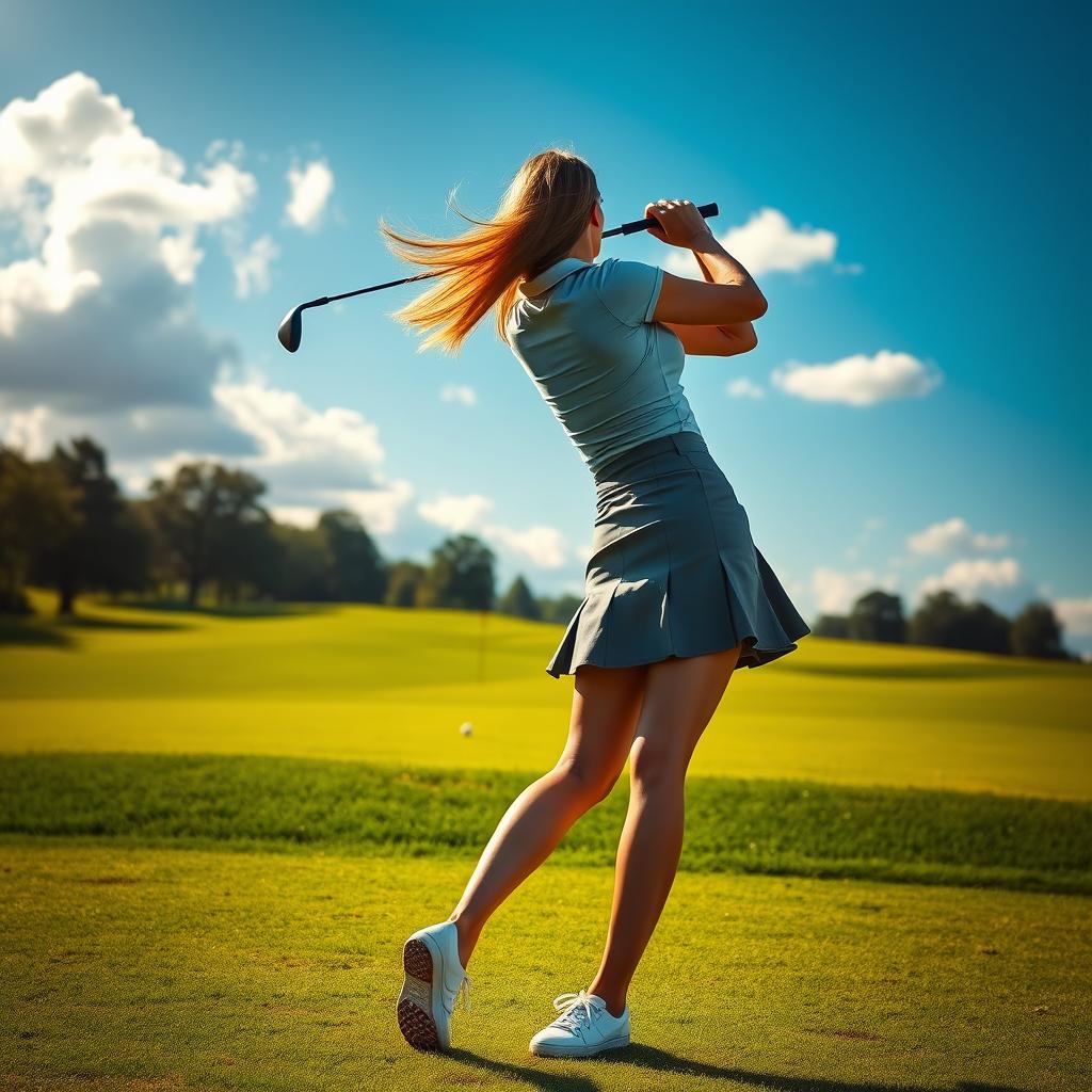 A stunning young woman with an athletic build is playing golf on a beautifully maintained green golf course