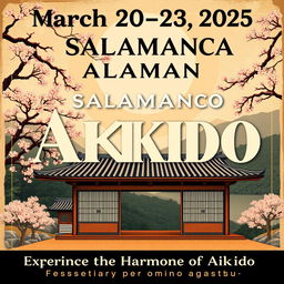 A vintage advertising poster for an Aikido seminar in Salamanca, featuring art deco elements and bold typography