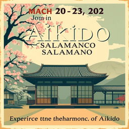 A vintage advertising poster for an Aikido seminar in Salamanca, featuring art deco elements and bold typography