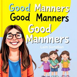 A vibrant book cover for a guide on good manners in Brazilian Portuguese, featuring a happy 10-year-old girl named Leticia with long brown hair and glasses, smiling joyfully in the foreground