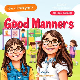 A vibrant book cover for a guide on good manners in Brazilian Portuguese, featuring a happy 10-year-old girl named Leticia with long brown hair and glasses, smiling joyfully in the foreground