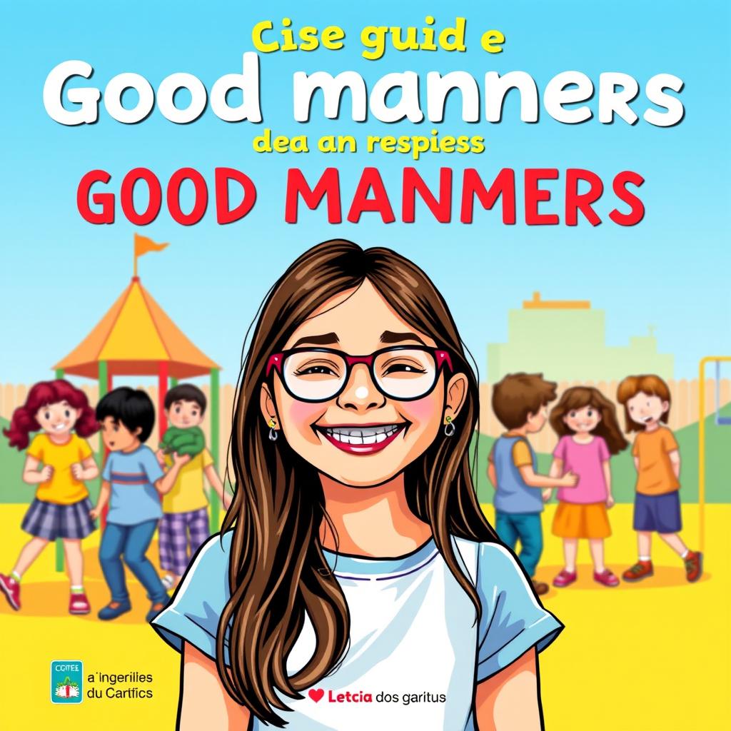 A vibrant book cover for a guide on good manners in Brazilian Portuguese, featuring a happy 10-year-old girl named Leticia with long brown hair and glasses, smiling joyfully in the foreground