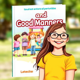 A vibrant book cover for a guide on good manners in Brazilian Portuguese, featuring a happy 10-year-old girl named Leticia with long brown hair and glasses, smiling joyfully in the foreground