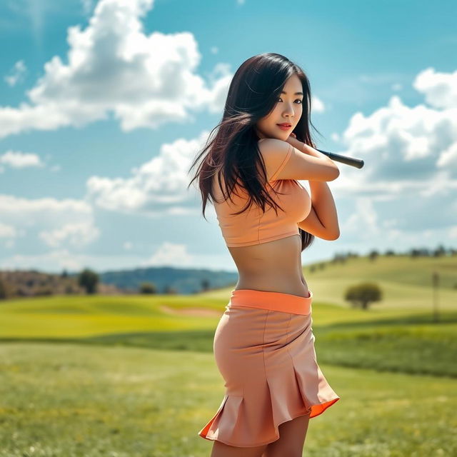 A gorgeous Asian woman with a fit physique is playing golf on a scenic, well-groomed course