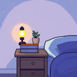 A charming pixel art scene featuring a cozy bedside table with a glowing night lamp