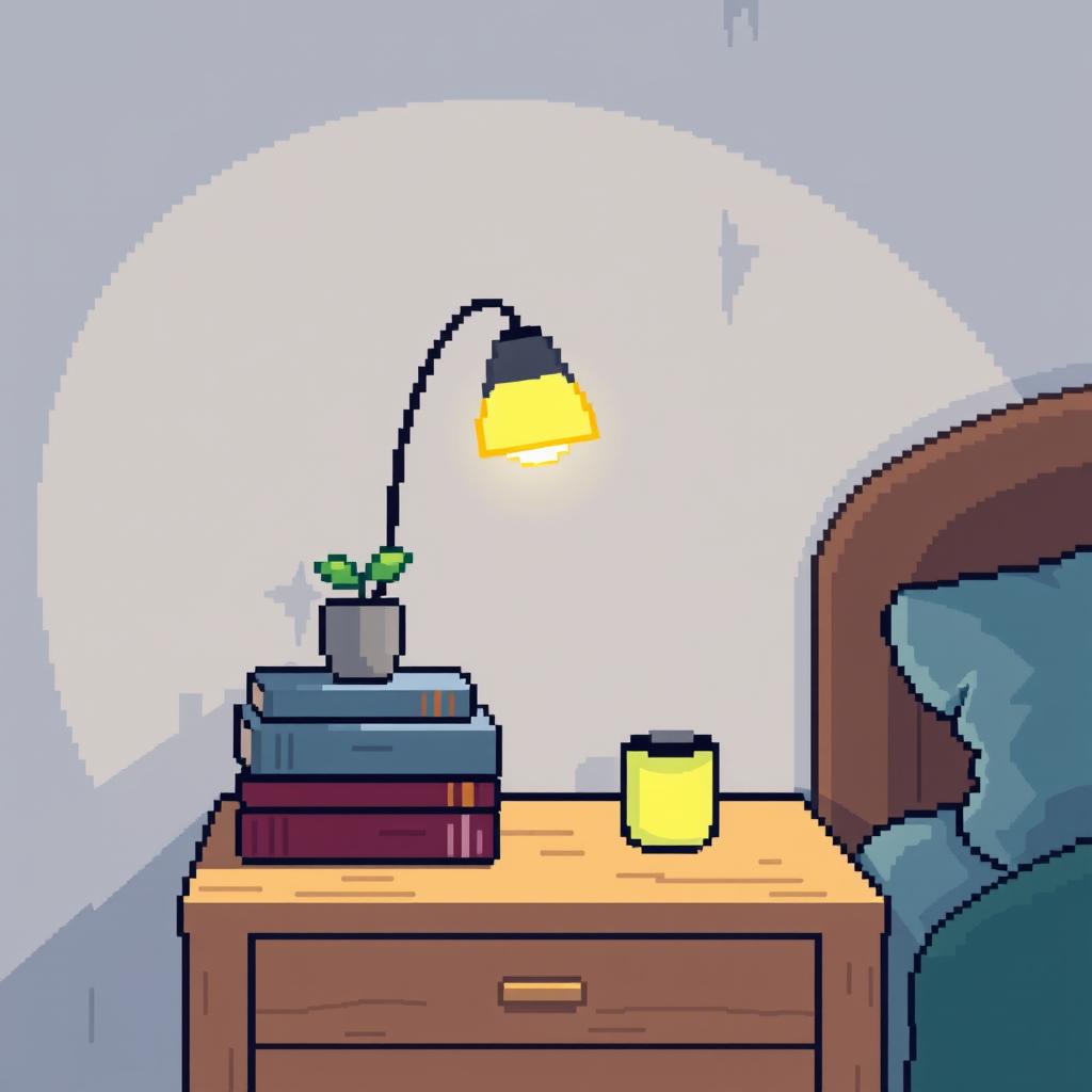 A charming pixel art scene featuring a cozy bedside table with a glowing night lamp