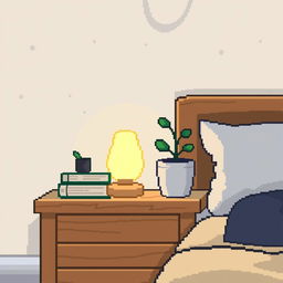 A charming pixel art scene featuring a cozy bedside table with a glowing night lamp