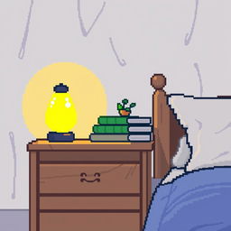 A charming pixel art scene featuring a cozy bedside table with a glowing night lamp