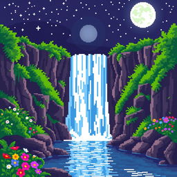 A serene pixel art scene depicting a majestic waterfall under a bright, full moon