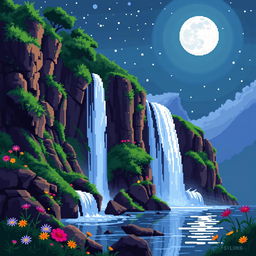 A serene pixel art scene depicting a majestic waterfall under a bright, full moon