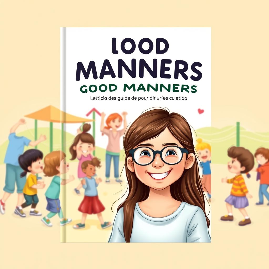 A charming book cover for a guide on good manners in Brazilian Portuguese, featuring a happy 10-year-old girl named Leticia with long brown hair and glasses, smiling brightly in the foreground