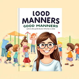 A charming book cover for a guide on good manners in Brazilian Portuguese, featuring a happy 10-year-old girl named Leticia with long brown hair and glasses, smiling brightly in the foreground