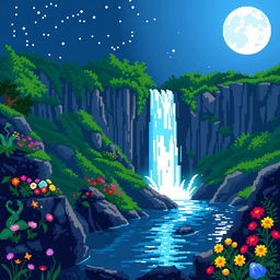 A serene pixel art scene depicting a majestic waterfall under a bright, full moon