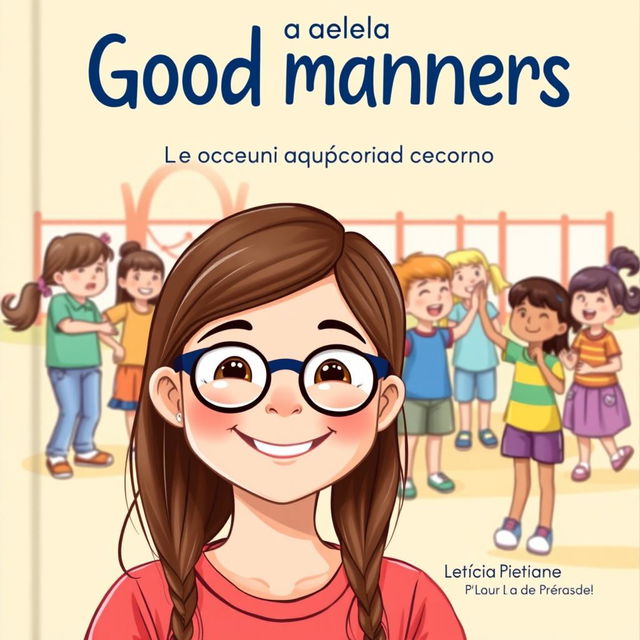 A charming book cover for a guide on good manners in Brazilian Portuguese, featuring a happy 10-year-old girl named Leticia with long brown hair and glasses, smiling brightly in the foreground