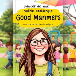 A charming book cover for a guide on good manners in Brazilian Portuguese, featuring a happy 10-year-old girl named Leticia with long brown hair and glasses, smiling brightly in the foreground