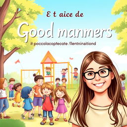 A charming book cover for a guide on good manners in Brazilian Portuguese, featuring a happy 10-year-old girl named Leticia with long brown hair and glasses, smiling brightly in the foreground