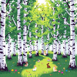 A delightful pixel art scene depicting a small forest of slender birch trees with distinctive white bark and vibrant green leaves