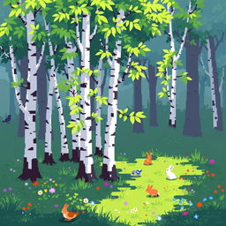 A delightful pixel art scene depicting a small forest of slender birch trees with distinctive white bark and vibrant green leaves