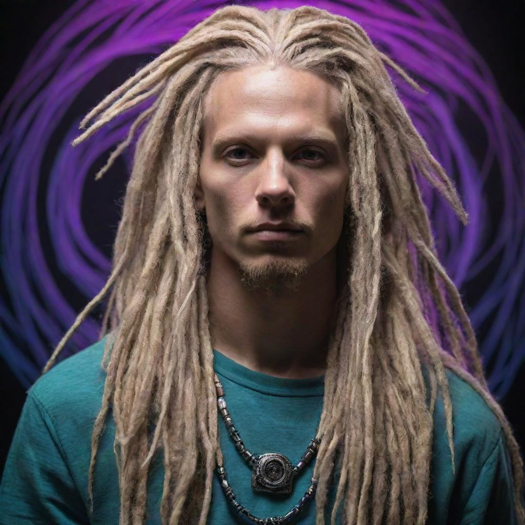 A male figure blending organic and cyber elements, with long blonde dreadlocks, embodying the psytrance scene with a techno-organic aesthetic.