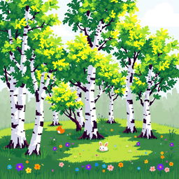 A delightful pixel art scene depicting a small forest of slender birch trees with distinctive white bark and vibrant green leaves