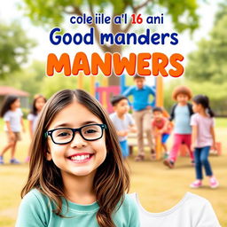 A charming book cover for a guide on good manners in Brazilian Portuguese, featuring a joyful girl named Leticia, who is 10 years old with long brown hair and glasses, smiling radiantly in the foreground