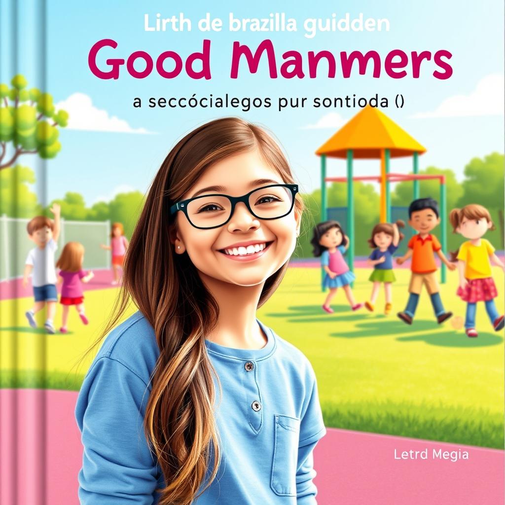 A charming book cover for a guide on good manners in Brazilian Portuguese, featuring a joyful girl named Leticia, who is 10 years old with long brown hair and glasses, smiling radiantly in the foreground