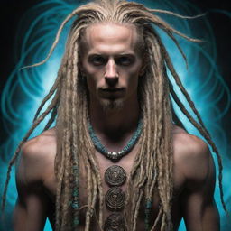 A male figure blending organic and cyber elements, with long blonde dreadlocks, embodying the psytrance scene with a techno-organic aesthetic.