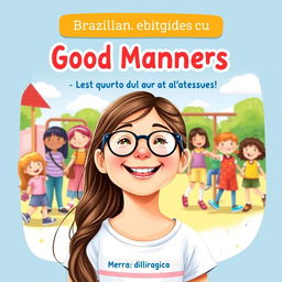 A charming book cover for a guide on good manners in Brazilian Portuguese, featuring a joyful girl named Leticia, who is 10 years old with long brown hair and glasses, smiling radiantly in the foreground