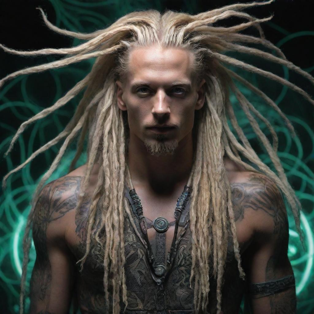 A male figure blending organic and cyber elements, with long blonde dreadlocks, embodying the psytrance scene with a techno-organic aesthetic.