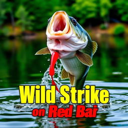 A high-resolution thumbnail featuring a close-up of a large bass dynamically attacking a bright red lure submerged in the water