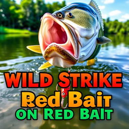 A high-resolution thumbnail featuring a close-up of a large bass dynamically attacking a bright red lure submerged in the water