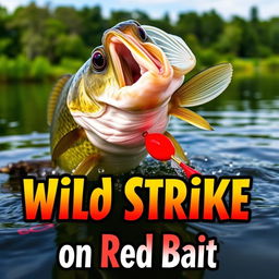 A high-resolution thumbnail featuring a close-up of a large bass dynamically attacking a bright red lure submerged in the water