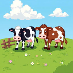 A delightful pixel art scene featuring two cows grazing peacefully on a lush green lawn