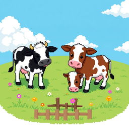 A delightful pixel art scene featuring two cows grazing peacefully on a lush green lawn