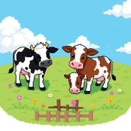 A delightful pixel art scene featuring two cows grazing peacefully on a lush green lawn