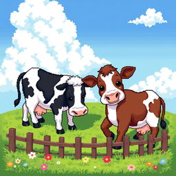 A delightful pixel art scene featuring two cows grazing peacefully on a lush green lawn