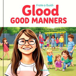 A delightful book cover for a guide on good manners in Brazilian Portuguese, showcasing Leticia, a joyful 10-year-old girl with long brown hair and glasses, smiling brightly in the foreground