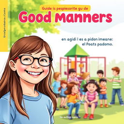 A delightful book cover for a guide on good manners in Brazilian Portuguese, showcasing Leticia, a joyful 10-year-old girl with long brown hair and glasses, smiling brightly in the foreground