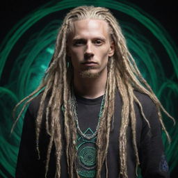 A male figure blending organic and cyber elements, with long blonde dreadlocks, embodying the psytrance scene with a techno-organic aesthetic.