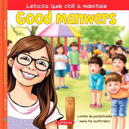 A delightful book cover for a guide on good manners in Brazilian Portuguese, showcasing Leticia, a joyful 10-year-old girl with long brown hair and glasses, smiling brightly in the foreground