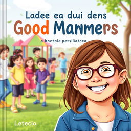 A delightful book cover for a guide on good manners in Brazilian Portuguese, showcasing Leticia, a joyful 10-year-old girl with long brown hair and glasses, smiling brightly in the foreground