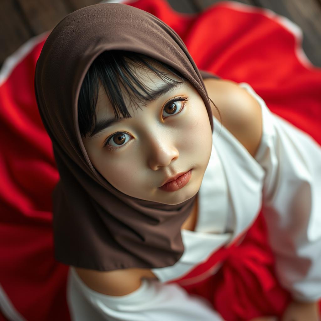 An 18-year-old Japanese girl dressed in a traditional shrine maiden outfit, capturing a delicate and ethereal vibe