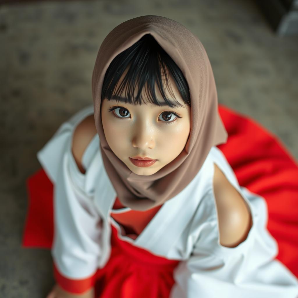 An 18-year-old Japanese girl dressed in a traditional shrine maiden outfit, capturing a delicate and ethereal vibe
