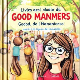 A delightful book cover for a guide on good manners in Brazilian Portuguese, featuring Leticia, a cheerful 10-year-old girl with long brown hair and glasses, smiling happily in the foreground