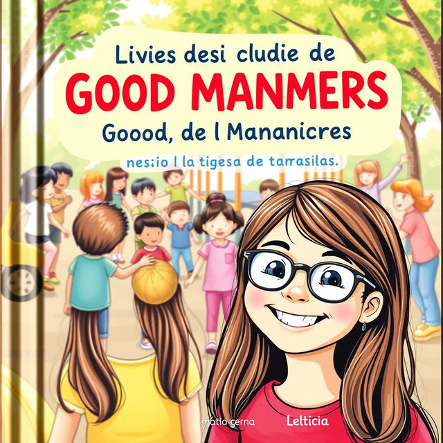 A delightful book cover for a guide on good manners in Brazilian Portuguese, featuring Leticia, a cheerful 10-year-old girl with long brown hair and glasses, smiling happily in the foreground