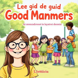 A delightful book cover for a guide on good manners in Brazilian Portuguese, featuring Leticia, a cheerful 10-year-old girl with long brown hair and glasses, smiling happily in the foreground