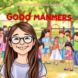 A delightful book cover for a guide on good manners in Brazilian Portuguese, featuring Leticia, a cheerful 10-year-old girl with long brown hair and glasses, smiling happily in the foreground